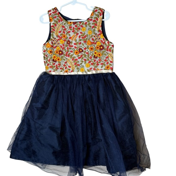 ATUN Girls Embroidered Tutu Dress 6-7 Years Floral Fall Autumn Navy Gold Event - Picture 1 of 5